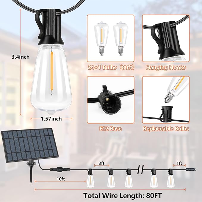 Bosceos Solar Outdoor String Lights Waterproof 80FT Solar Powered String Lights for Outside with Shatterproof Bulbs Dimmable ST38 LED Lights String Patio Hanging Lights for Backyard Garden Party