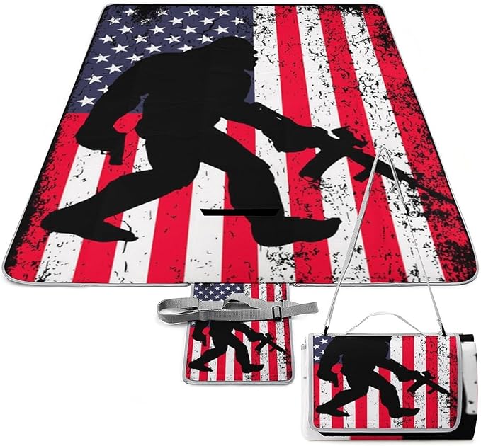 Vintage Bigfoot Sasquatch Monsters American Flag Waterproof Outdoor Picnic Blanket Sandproof Beach Mat for Camping Hiking Grass Travelling