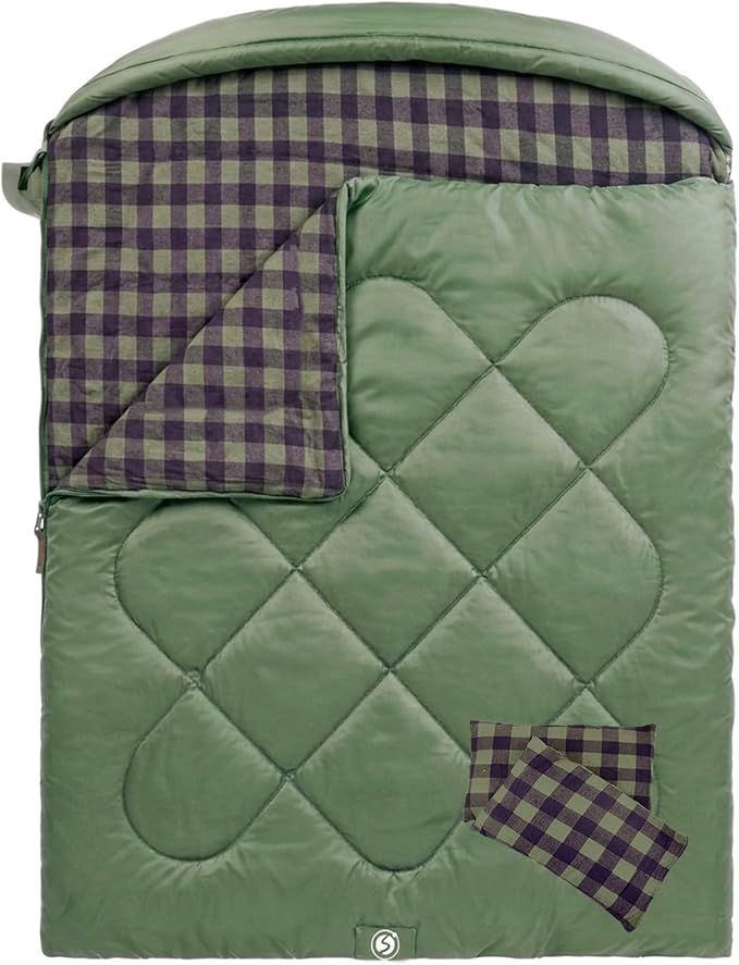 ShinHye Double Sleeping Bag for Adults with 2 Pillows Camping Sleeping Bags Flannel Cotton 2 Person Sleeping Bags XXL Queen Size Sleeping Bag for Cold Weather