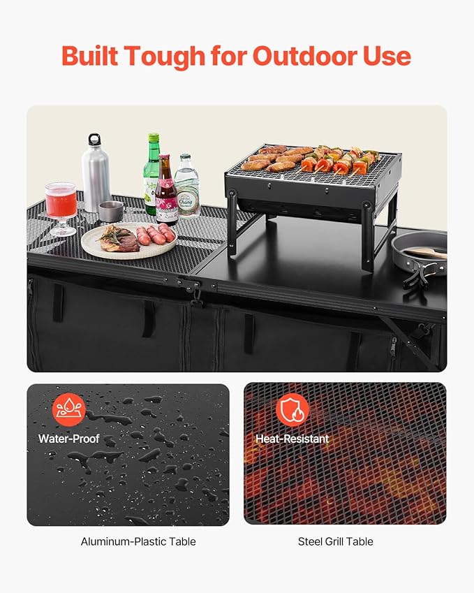 VEVOR Camping Kitchen Table Folding Outdoor Cooking Table 3 Adjustable Heights Aluminum Lightweight Portable Cook Station with Storage Organizer Carry Handle for BBQ Party Picnic RV Travel Black