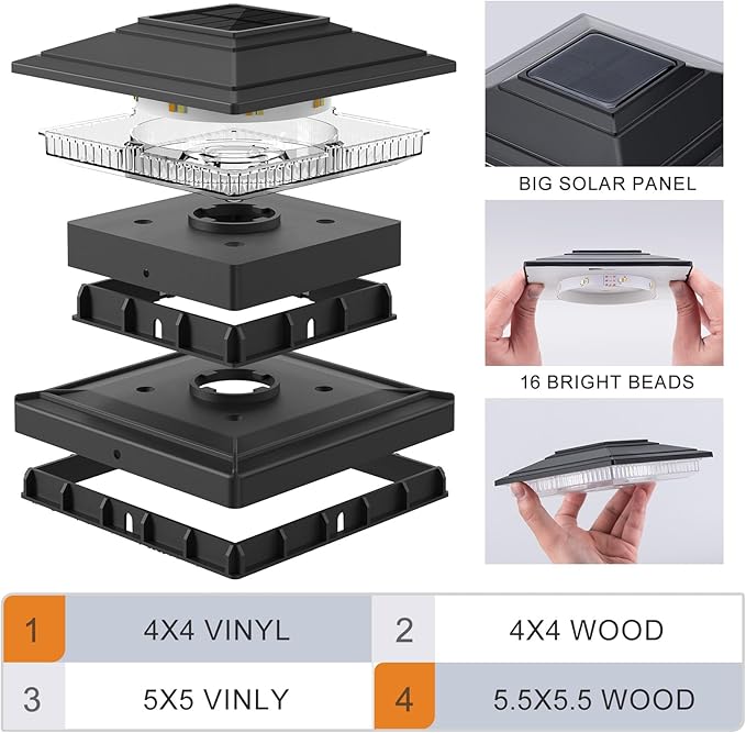 APONUO Solar Post Cap Lights 12-Pack Black IP64 Waterproof 16 LED Fence Post Solar Lights for 4x4 5x5 6x6 Wood/Vinyl Posts 2-Mode Deck Post Lights Solar Powered 10-Hr Lighting for Patio Yard Porch