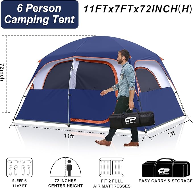 CAMPROS CP Upgraded 6/8 Person Camping Tents Waterproof Windproof Family Tent with Larger Mesh Windows &amp Door Double Layer Easy Set Up All-Season Dome Tent with Top Rainfly &amp Carry Bag