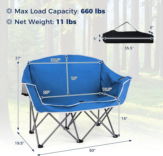 Tangkula 2 Person Camping Chair Portable Oversized Outdoor Folding Camp Chair Loveseat with Padded Seat Cup Holder Carry Bag Heavy Duty Lawn Chair for Beach Fishing Travel (Blue 2-Person)