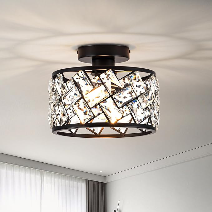 Crystal Ceiling Light Fixture Modern Semi Flush Mount Ceiling LightCrystal Chandelier for Kitchen Bedroom Bathroom Entryway Black Finish