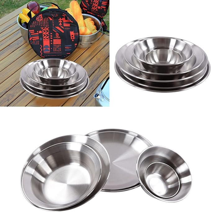 12pcs Stainless Steel Camping Dinnerware Set Outdoor Dinnerware Set Camping Plates Bowls Set with Storage Bag for Backpacking Hiking Picnic &amp BBQ