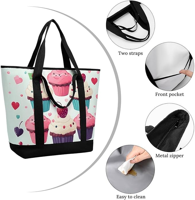 Insulated Shopping BagLarge Reusable Cooler Bags Cupcake Candy Hearts Sweet Printed Foldable Shopping BagTravel Waterproof Shoulder Bag