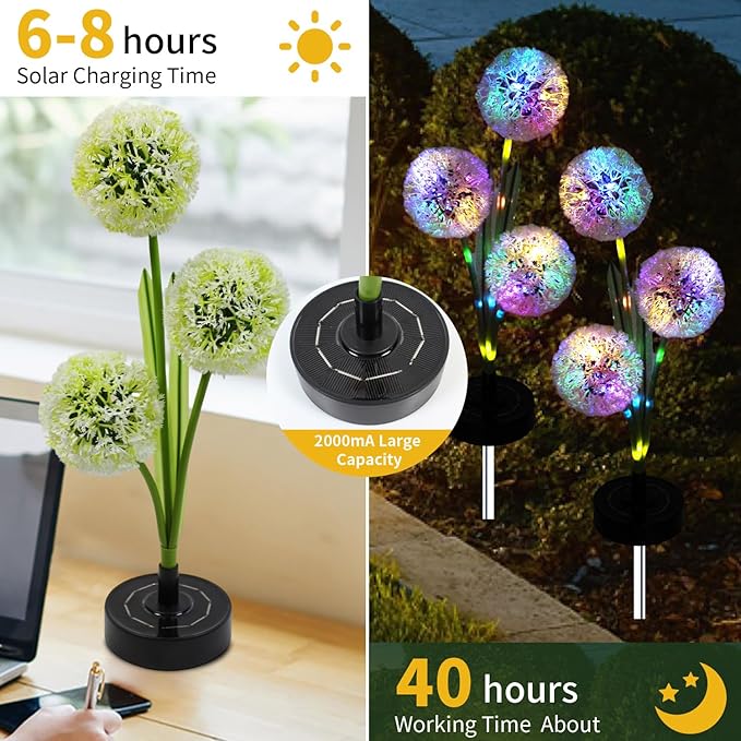 Solar Garden Lights Outdoor - Solar Flowers Lights Outdoor Decorative Waterproof Upgraded 40 Hours Dandelion Light Yard Pathway Solar Powered Lamp Cemetery Decorations Backyard Decor 4pcs