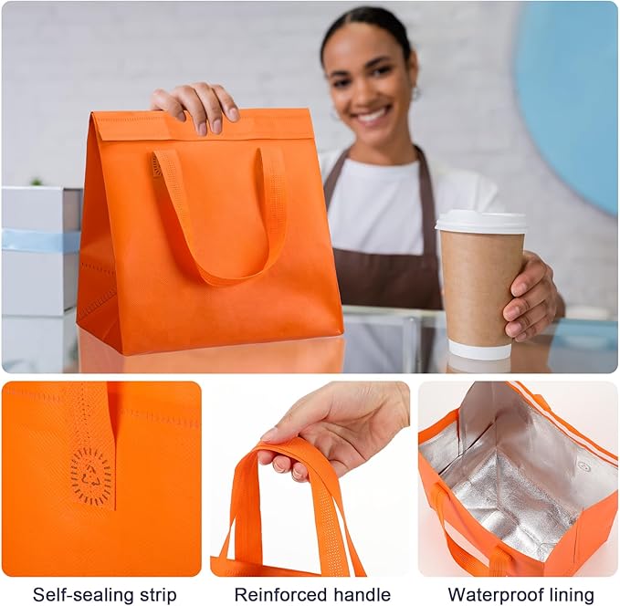 300 Pack Insulated Bags Bulk for Food Delivery 9.5 x 9.5 x 6 Thermal Take Away Bag for Hot Cold Food Coffee Milk Pizza Seafood Disposable Grocery Bag for Catering Restaurant(Orange)