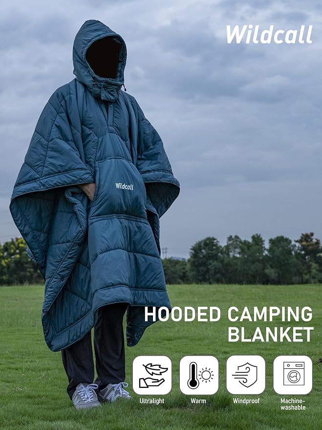 WildCall Hooded Camping Blanket with 3M Thinsulate Insulation Wearable Poncho Blanket Ultralight Foldable Quilt Sleeping Bag for Outdoor Hiking Stadium