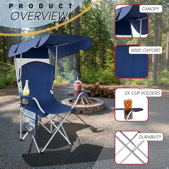 Portable Folding Camping Chairs with Canopy Shade Beach Chair for Adults Durable Weather Resistant 600D Oxford Cloth Camping Chair with Canopy for Outdoors [Navy]