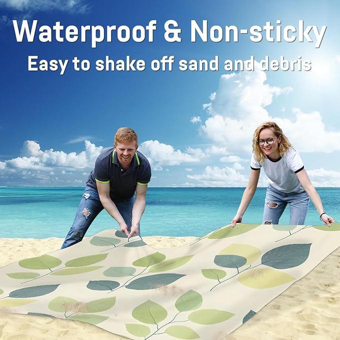 Waterproof Sandproof Beach Blanket 59''×68'' Ficus Tree Leaves Polyester Outdoor Picnic Blanket with 4 Stakes &amp Storage Bag for BeachCampingVacation Beige