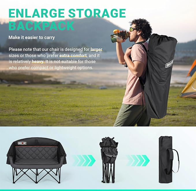 Overmont Oversized XLL Camping Chair for Adults - 850LBS Sopport Heavy-Duty Padded Folding Chair with Pocket Cup Holder Cooling Bag Wine Racks for Outdoor Sports Garden Beach Fishing Lawn Blk Loveseat