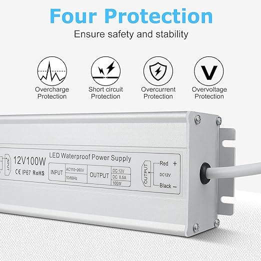 inShareplus LED Power Supply 12V 100W IP67 Waterproof Outdoor Driver AC 110-260V to DC 12V 8.5A Low Voltage Transformer Adapter with 3-Prong Plug for LED Light Computer Project Outdoor Use