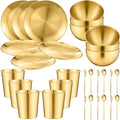 Jinei 30 Pcs 304 Stainless Steel Dinner Set Stainless Steel Plates and Bowls Include Plates Bowls Cups Forks Spoons Utensil Reusable Metal Camping Dinnerware Tableware for Home Picnic Kitchen (Gold)