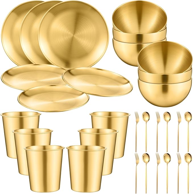 Jinei 30 Pcs 304 Stainless Steel Dinner Set Stainless Steel Plates and Bowls Include Plates Bowls Cups Forks Spoons Utensil Reusable Metal Camping Dinnerware Tableware for Home Picnic Kitchen (Gold)