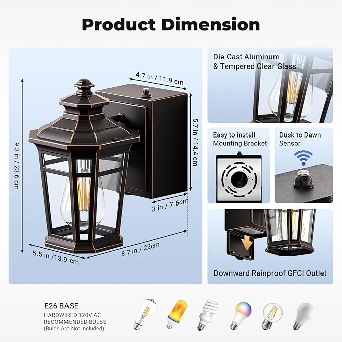 Gleamz Outdoor Wall Light with GFCI Outlet ORB Dusk to Dawn Outdoor Lighting Patio Lights Outside Waterproof Anti-Rust Exterior Lighting Fixtures Wall Mount for Garden Front Door E26 Base