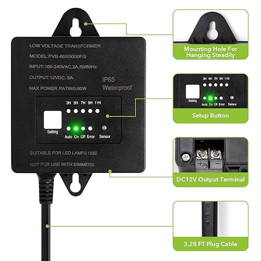60W Low Voltage Transformer with Timer and Photocell Sensor 120V AC to 12V DC IP65 Waterproof Supply for LED Landscape Light Outdoor Spotlight Pathway LightGarden Light