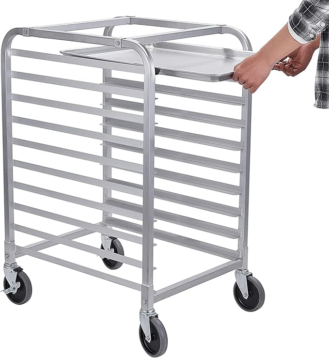 HALLY SINKS &amp TABLES H Bun Pan Rack 10 Tier with Wheels Commercial Bakery Racking of Aluminum for Full &amp Half Sheet - Kitchen Restaurant Cafeteria Pizzeria Hotel and Home 26 L x 20 W x