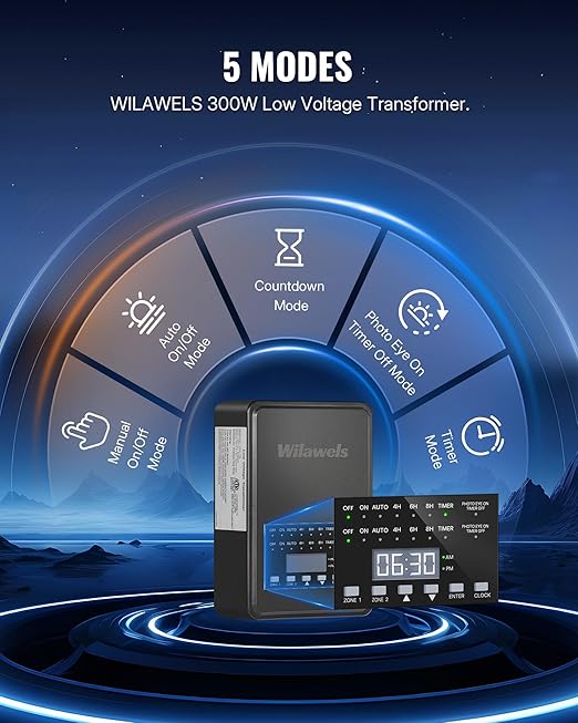 300W Low Voltage Landscape Transformer 2 Zone Independent Control 120VAC to 12/14V AC Low Voltage Transformer Landscape Lighting Transformer with Timer &amp Photocell Sensor ETL Listed D26LT06