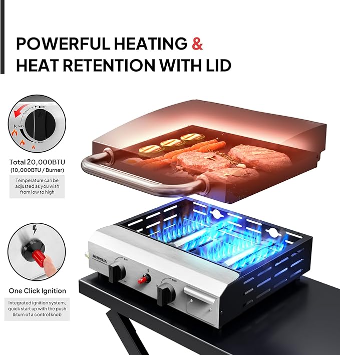 ROVSUN 2 Burner Foldable Propane Griddle with Wheels Enameled Tray &amp Lid 20000 BTU Portable Rolling Flat Top Gas Grill with Electronic Ignition &amp Regulator for Outdoor Cooking Camping BBQ Ta