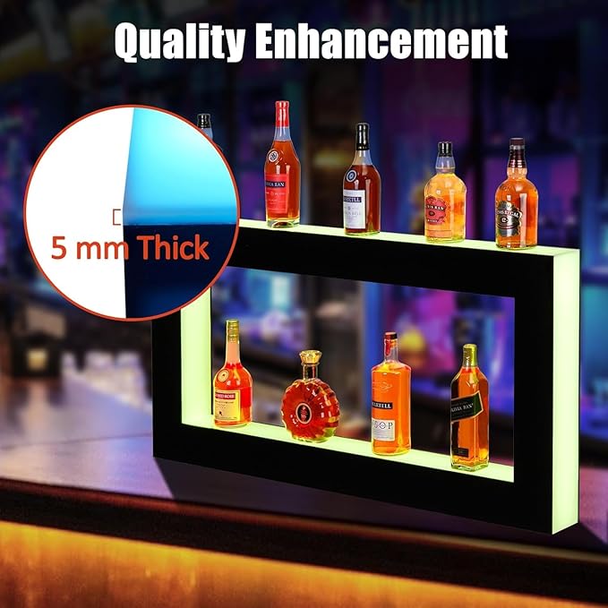 Elegant Wall-Mounted LED Wine Bottle Display Rack – 24-Inch Rectangular 2-Layer Acrylic with Dynamic Lighting Remote &amp App Control (Mobile Connectivity) Premium Quality Materials