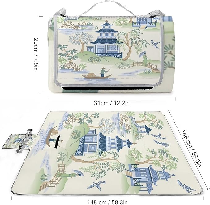 Blue and White Ancient Chinese Folk Chinoiserie Style Waterproof Outdoor Picnic Blanket Sandproof Beach Mat for Camping Hiking Grass Travelling