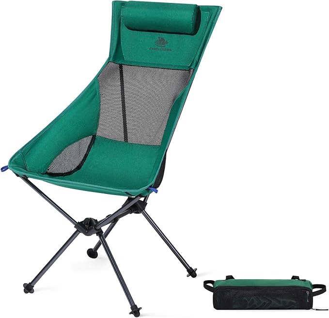 CAMEL CROWN High Back Camping Chair with Pillow Design Folding Compact Backpacking Chair Stable Portable Chair for Outdoor Camp Travel Beach Picnic Festival Hiking