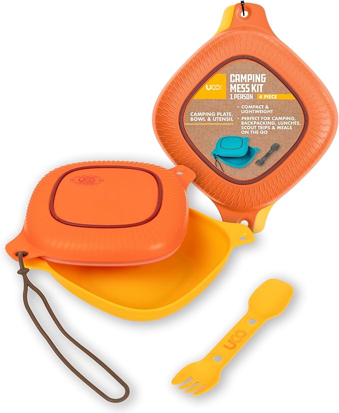UCO 4-Piece Camping Mess Kit with Bowl Plate and 3-in-1 Spork Utensil Set