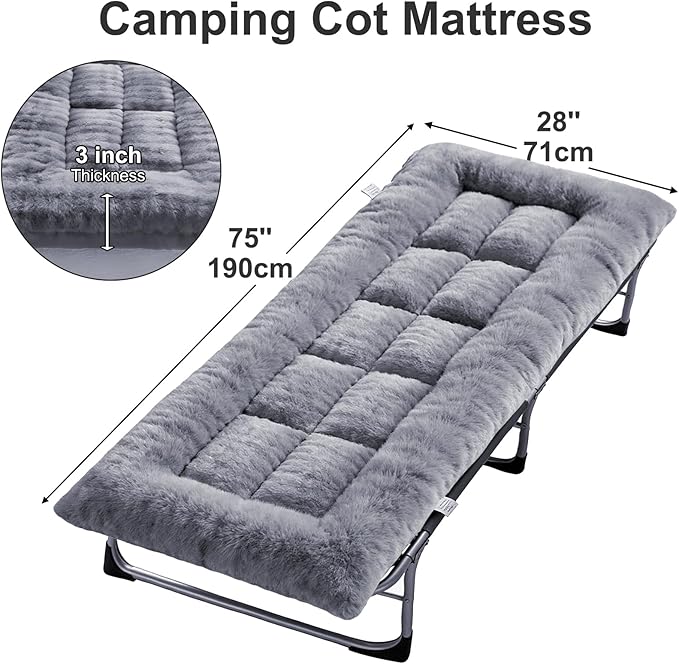 Thick Camping Sleeping Pad - Faux Rabbit Fur Ultra Soft &amp Non-Slip Sleeping Mat with Portable Roll up Camping Cot Pad for Travel Car Tent Guest Bed (75 x 28 Dark Grey)