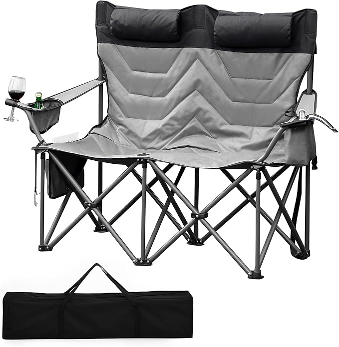 Oversized Double Camping Chairs Heavy Duty Padded Loveseat Chair - 900 LBS Support for Adult - Comfortable Camping Chair with High Back &amp Pillow