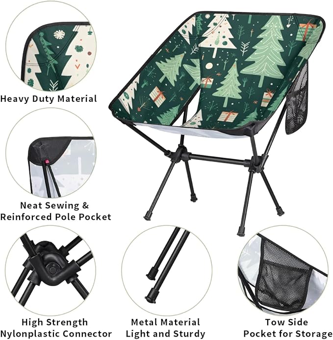 Portable Camping Chair Xmas Tree Ultralight Folding Camping Chair Christmas Tree Backpacking Hiking Chair with Cup Holder for Outdoor Travel Beach Picnic Festival Compact Portable 176 lbs Capacity