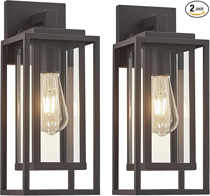 14 Outdoor Wall Light Fixtures Waterproofed Exterior Lantern W/Sturdy Rectangular Double Cage In Old Rust&ampClear Tempered GlassSconce Mounted For House PatioFront doorPorchYard Lighting 2Pack