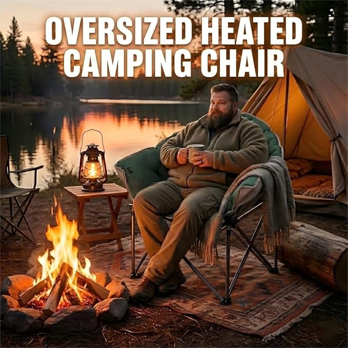 Colorsoul Heated Oversized Camping ChairsExtra-Large Padded Outdoor Chairs 3 Level Heating&amp450lbs SupportHeavy Duty Folding Heated Lawn Chair for PatioTailgatingBattery NOT IncludedGreen