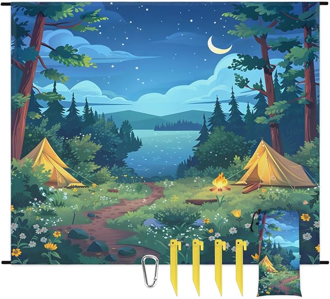 Waterproof Sandproof Beach Blanket 59''×68'' Scenery Camping Polyester Outdoor Picnic Blanket with 4 Stakes &amp Storage Bag for BeachCampingVacation Green
