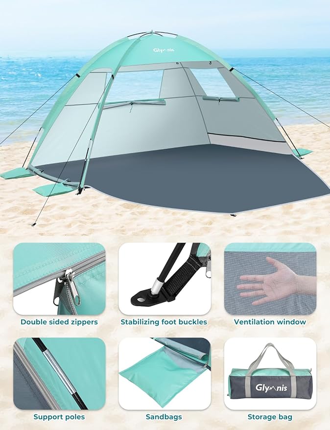 Glymnis Beach Tent Sun Shelter for 4 Person with UPF 50+ UV Protection Lightweight &amp Easy Setup Beach Shade Canopy with Vent Windows &amp Zippered Door - Green