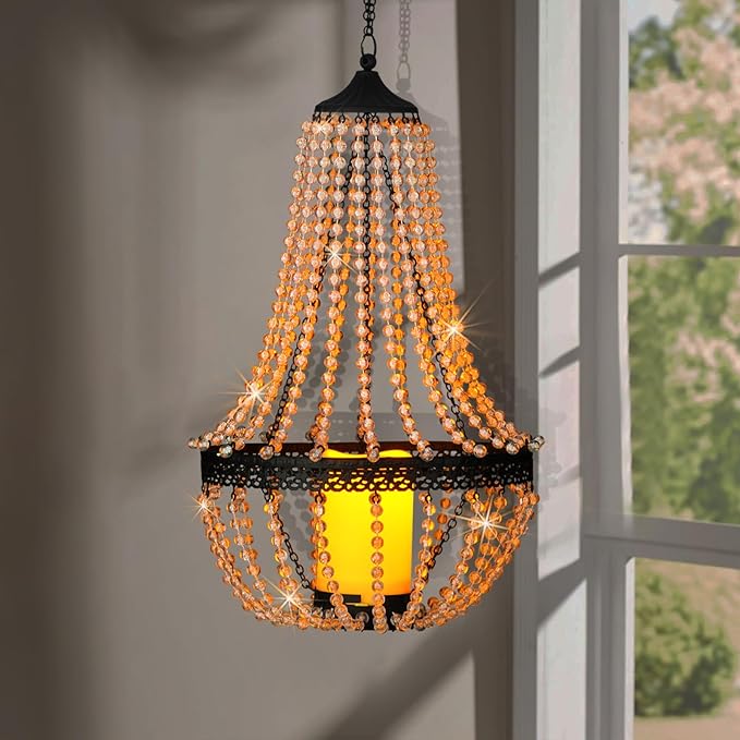 Hanging Candle Chandelier Outdoor Battery Operated Clear Acrylic Beaded Chandelier with Flickering Led Candle Light S Hooks Modern Lantern for Garden Yard Patio Gazebo Room Indoor Decorations 27”H