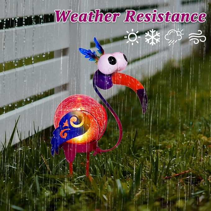 Funny Birds Solar Lanterns Outdoor Waterproof LED Solar Lights Crackle Glass Decorative Crane Tabletop Lantern Garden Yard Art Patio Porch Decor Gift for Women Moms (Purple)