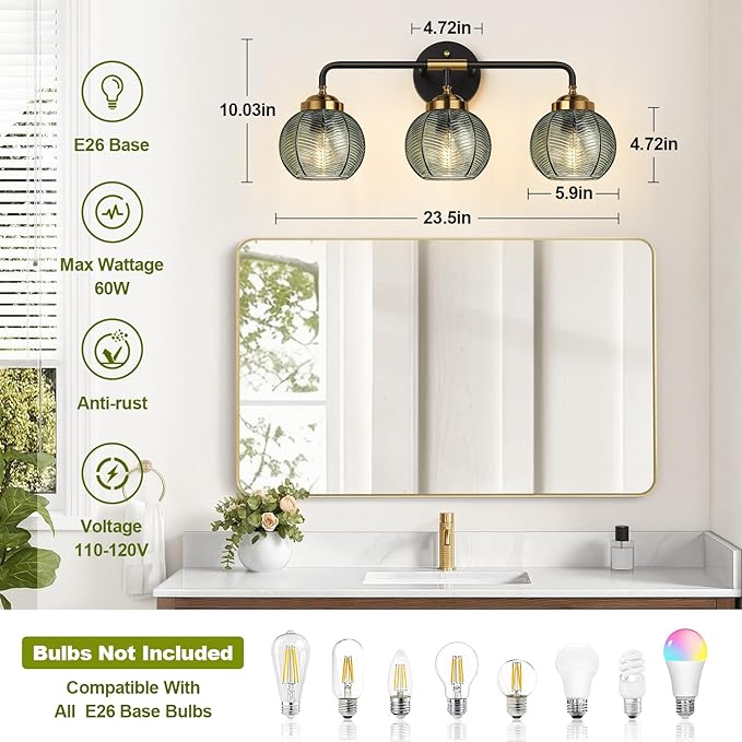 Bathroom Light Fixtures 3-Light Green Vanity Lights with Unique Leaf Texture Glass Shade Modern Matte Black and Gold Bathroom Wall Lamp for Mirror Hallway Cabinet Living Room