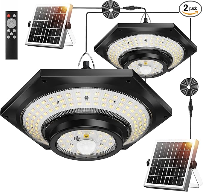 Solar Indoor Outdoor Shed Light with 4000LM Upgrade 228 LED Solar Pendant Light Daytime Available with 3 Color Temperature Remote Control Motion Sensors for GazeboShedGarageBarn 2 Packs