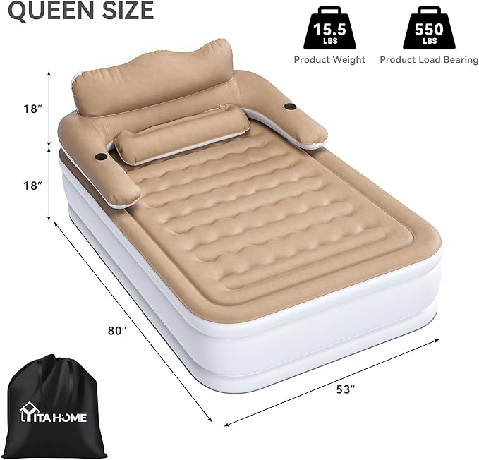 YITAHOME FullXL Size Air Mattress with Headboard 18in Inflatable with Pillow Blow Up Mattress with Removable Electric Pump Comfort Air Bed Queen for Camping &amp Home Brown