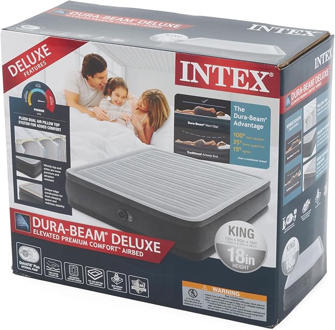 Intex 18-Inch King-Sized Inflatable Fiber-Tech Elevated Premium Plush Comfort Air Mattress Bed with Built-in Pump and Dura-Beam Technology (2 Pack)