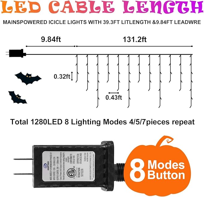 Heceltt 131FT 1280LED Halloween Lights DecorationOrange Purple Led String Lights Outdoor with 240 Drops8 Lighting ModesTimer Memory Function for Halloween Night Party Fence Yard Roof Decor