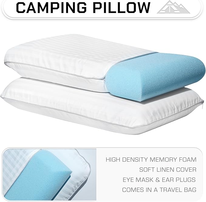 Camping Pillow 2 Pack — Camp Pillow Memory Foam Pillows 2 Pack — for Sleeping Bag &amp Hiking Reliable &amp Comfortable