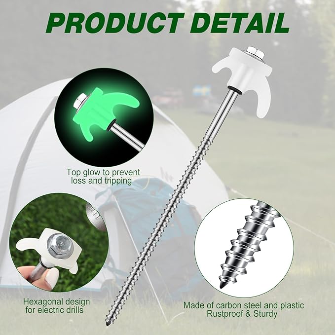 40 Pcs 8 Screw in Tent Stakes Heavy Duty Tent Stakes Drillable Ground Anchors Screw Metal Tent Pegs Threaded Tent Spikes with Head Driver for Swing Inflatable Decor (Illuminant White)