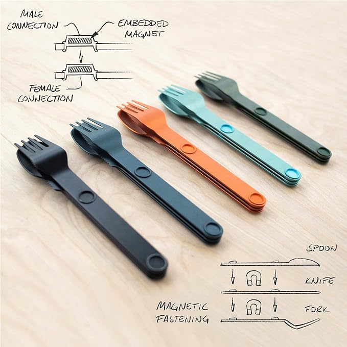 FULL WINDSOR Magware Camping Set - Travel Utensils for Outdoor Dining Backpacking &amp Camping Essentials - Knife Fork &amp Spoon with Pouch - Magnetic Silverware Lunchbox Utensils Cutlery - Black