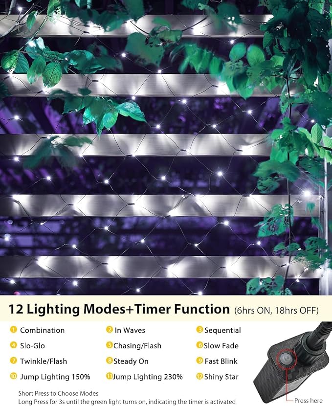 4 Pack 12 x 5FT 360 LED Christmas Net Lights Outdoor for bushes Waterproof IP65 12 Modes Connectable Extendable Bush Net Christmas Lights Outdoor Mesh Light for Bushes Tree Yard Garden White