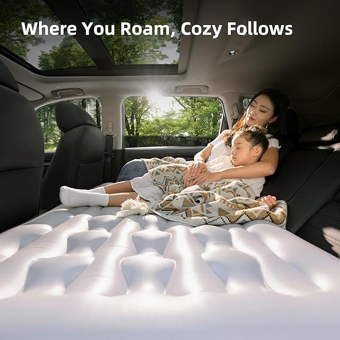 Car Back Seat Air Mattress - Universal Fit SUV/Sedan Inflatable Camping Mattress with Built-in Pump &amp Air Support Column Portable True Flat Gap-Filling Car Bed for Sleeping Roadtrip Travel