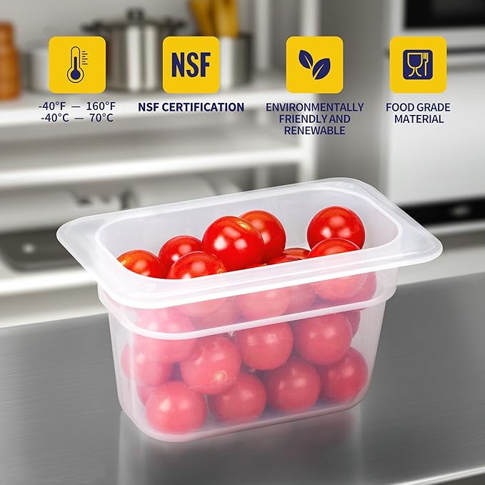12 Pack 1/9 Size 4'' Deep Plastic Food Pans with Lids Translucent Commercial BPA-free Stackable Storage for Restaurants Buffets
