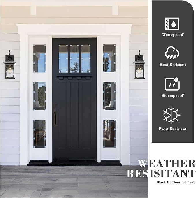 Emliviar 2 Pack Outdoor Wall Lanterns 15 Modern Wall Mount Lamps for House Black Finish with Water Ripple Glass DE281B-2PK BK-WP
