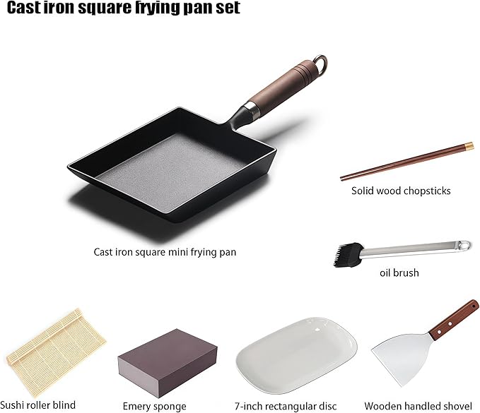 Japanese Cast Iron Tamagoyaki Pan - Pre-Seasoned Liquid Nitrogen Treated Non-Rust Ready to Use Detachable Wood Handle Oven Safe for Omelets Steak &amp Camping Chemical-Free Non-Stick9x7 Inch